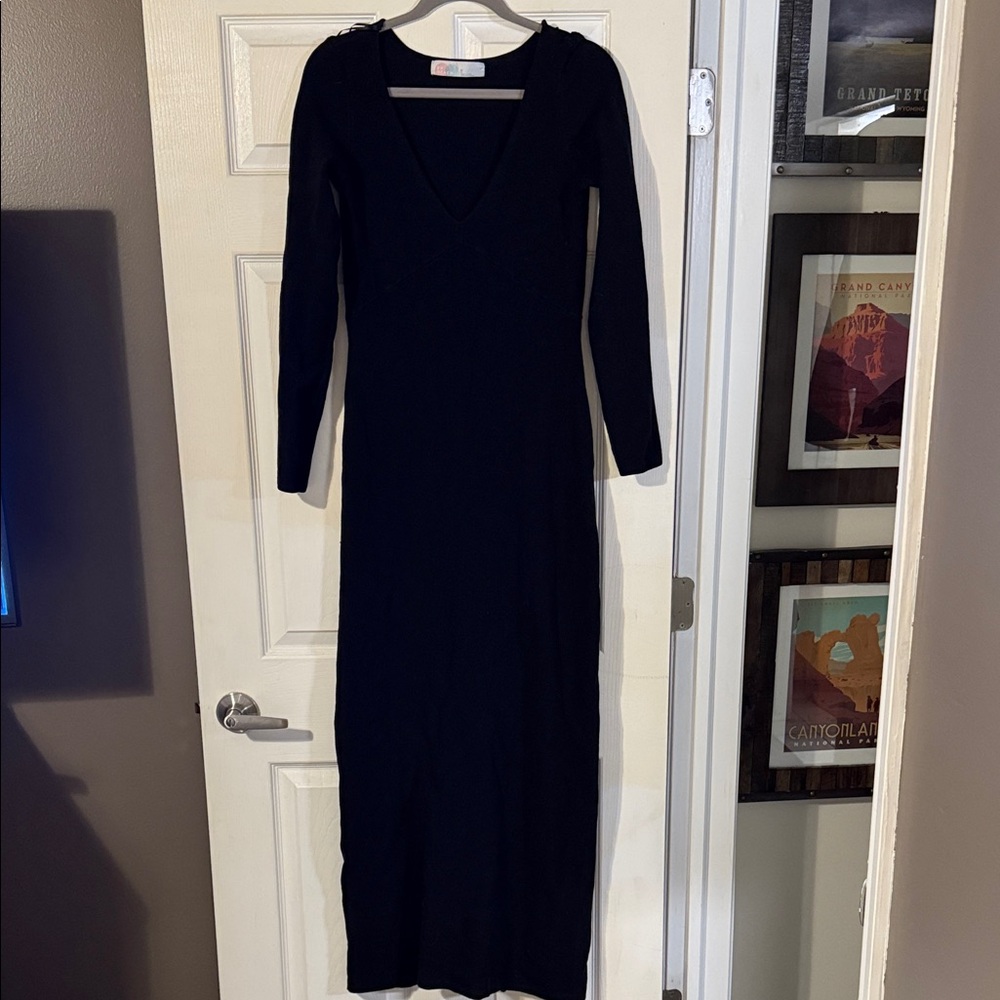 Free People Black Long Sleeve V-Neck Maxi Dress